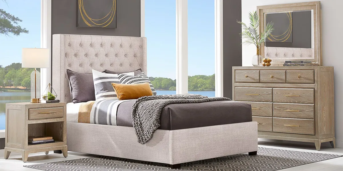 Kailey Park Light Oak 7 Pc Bedroom With Harlow Hill Taupe Queen Upholstered Bed