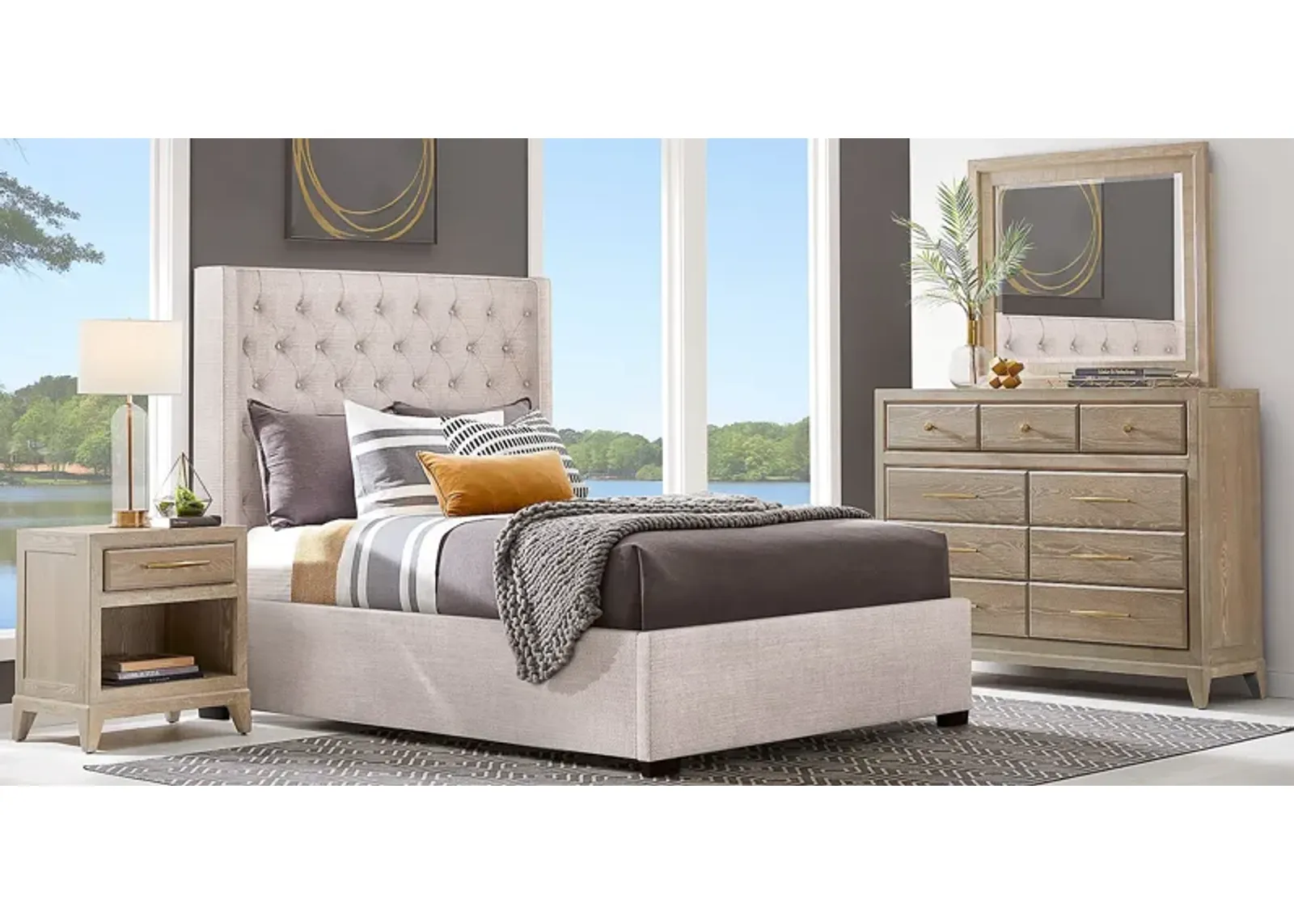 Kailey Park Light Oak 7 Pc Bedroom With Harlow Hill Taupe Queen Upholstered Bed