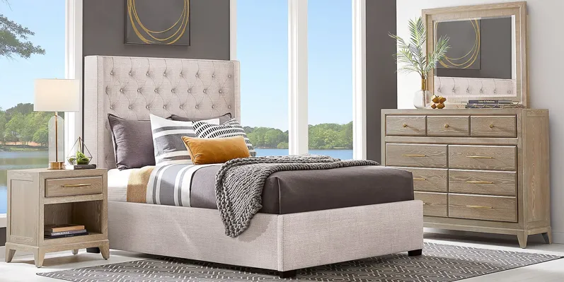 Kailey Park Light Oak 7 Pc Bedroom With Harlow Hill Taupe Queen Upholstered Bed