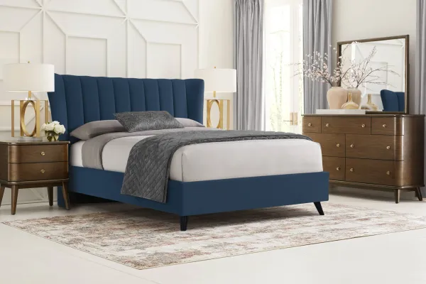 Devon Loft Walnut 5 Pc Bedroom with Nanton Park Blue Queen Upholstered Bed