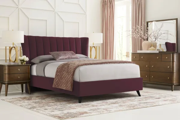 Devon Loft Walnut 7 Pc Bedroom with Nanton Park Red Queen Upholstered Bed