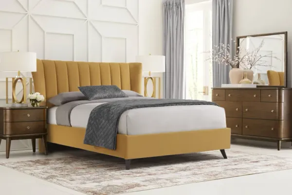 Devon Loft Walnut 7 Pc Bedroom with Nanton Park Yellow Queen Upholstered Bed