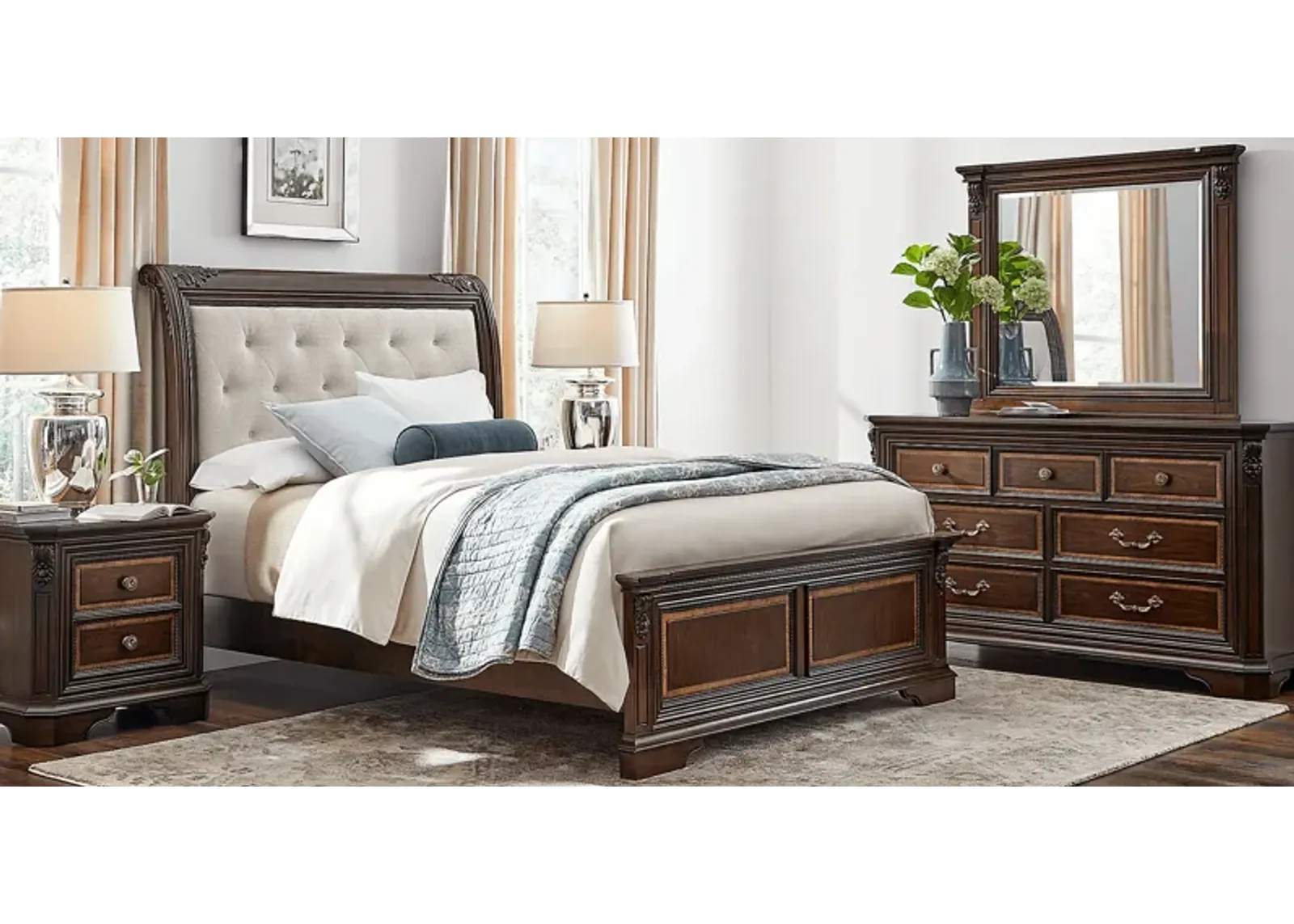 Fuller Brown Cherry 5 Pc Queen Upholstered Sleigh Bedroom