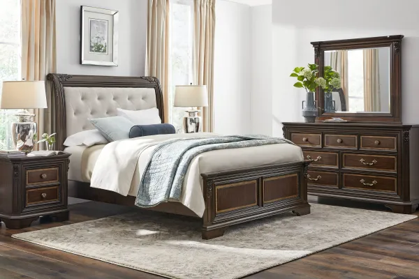 Fuller Brown Cherry 5 Pc Queen Upholstered Sleigh Bedroom