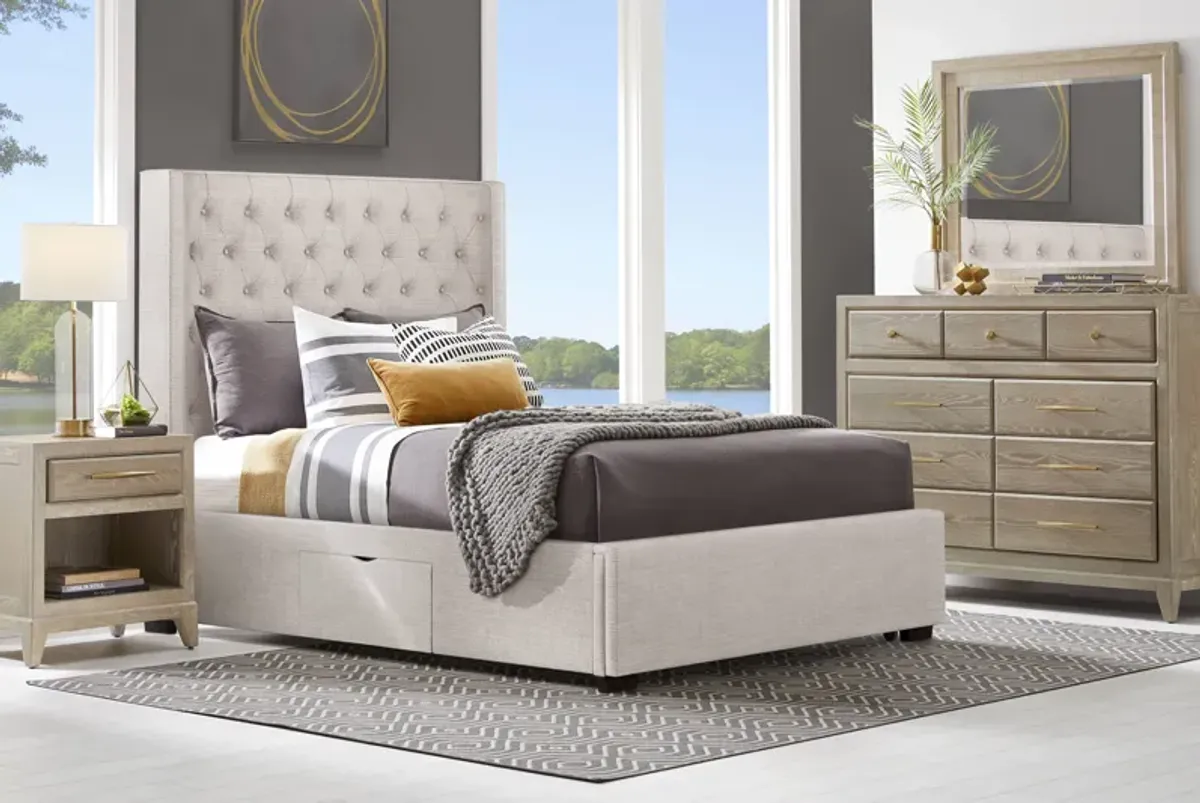 Kailey Park Light Oak 7 Pc Bedroom With Harlow Hill Taupe King Upholstered Storage Bed