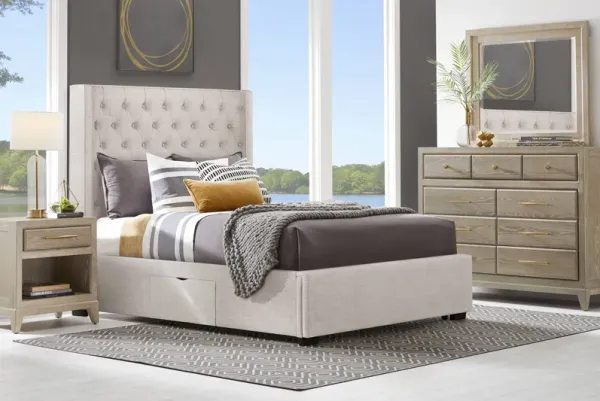 Kailey Park Light Oak 7 Pc Bedroom With Harlow Hill Taupe King Upholstered Storage Bed