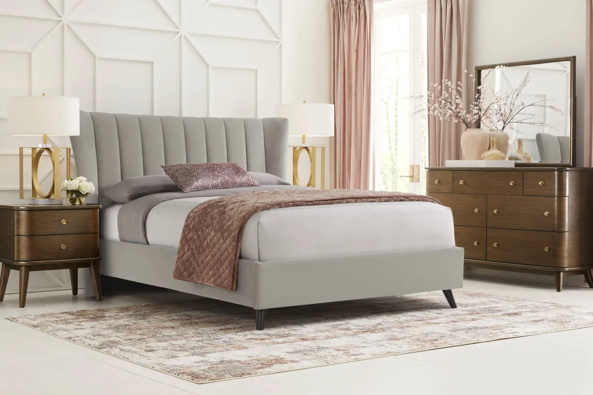 Devon Loft Walnut 7 Pc Bedroom with Nanton Park Gray King Upholstered Bed