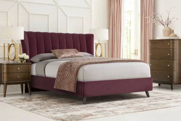 Devon Loft Walnut 5 Pc Bedroom with Nanton Park Red King Upholstered Bed