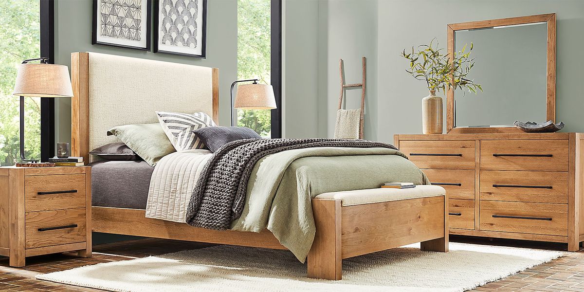 Ithaca Natural 3 Pc King Upholstered Bed with Bench