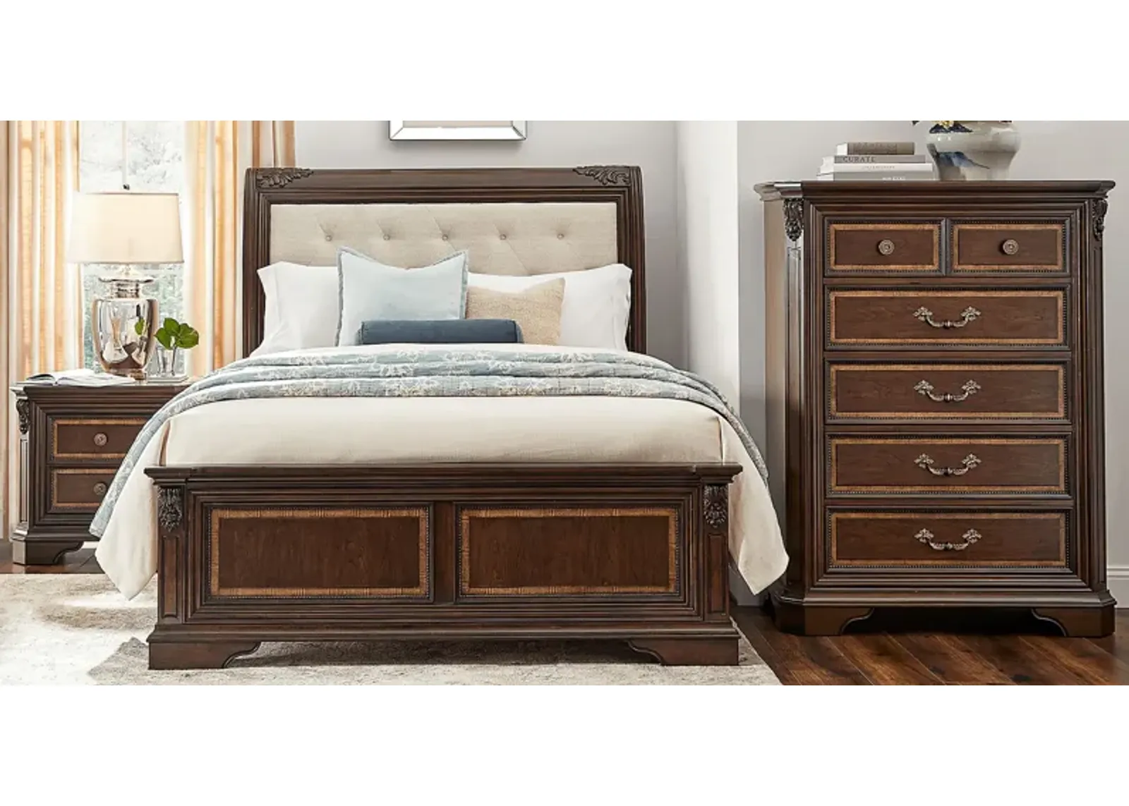 Fuller Brown Cherry 5 Pc King Upholstered Sleigh Bedroom