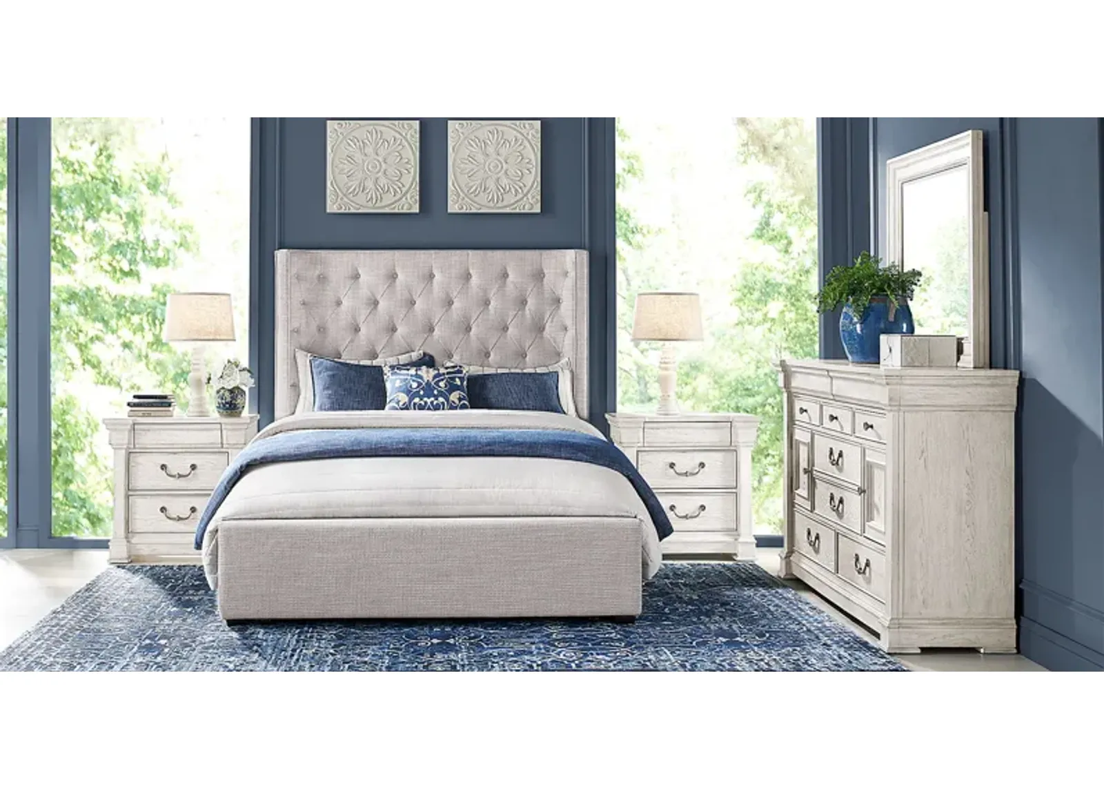 Landon Creek White 5 Pc Bedroom with Harlow Hill Light Gray Queen Upholstered Bed