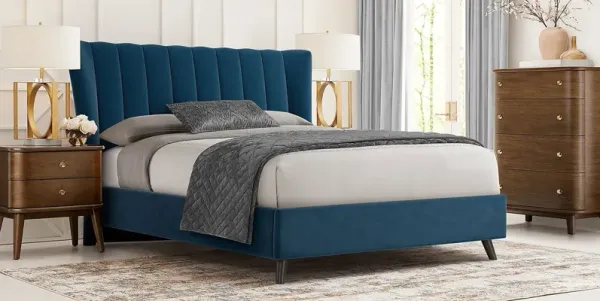 Devon Loft Walnut 5 Pc Bedroom with Nanton Park Blue Queen Upholstered Bed
