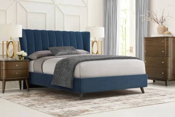 Devon Loft Walnut 5 Pc Bedroom with Nanton Park Blue Queen Upholstered Bed