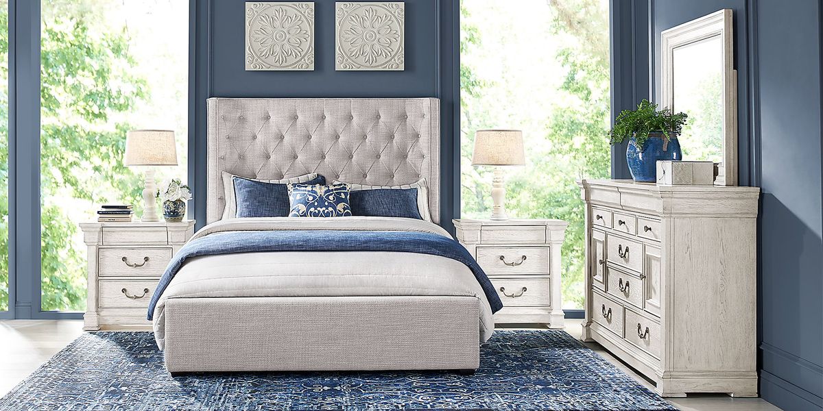 Landon Creek White 5 Pc Bedroom with Harlow Hill Light Gray King Upholstered Bed