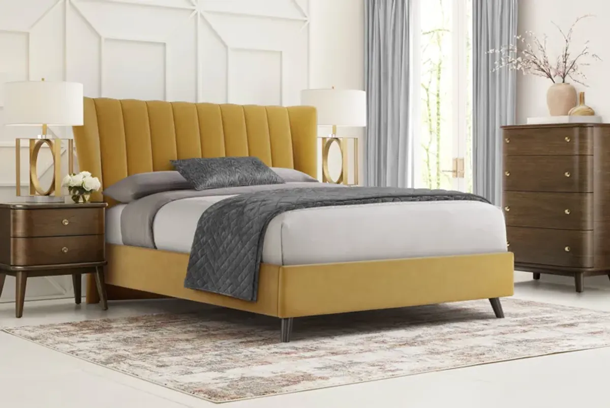 Devon Loft Walnut 5 Pc Bedroom with Nanton Park Yellow Queen Upholstered Bed