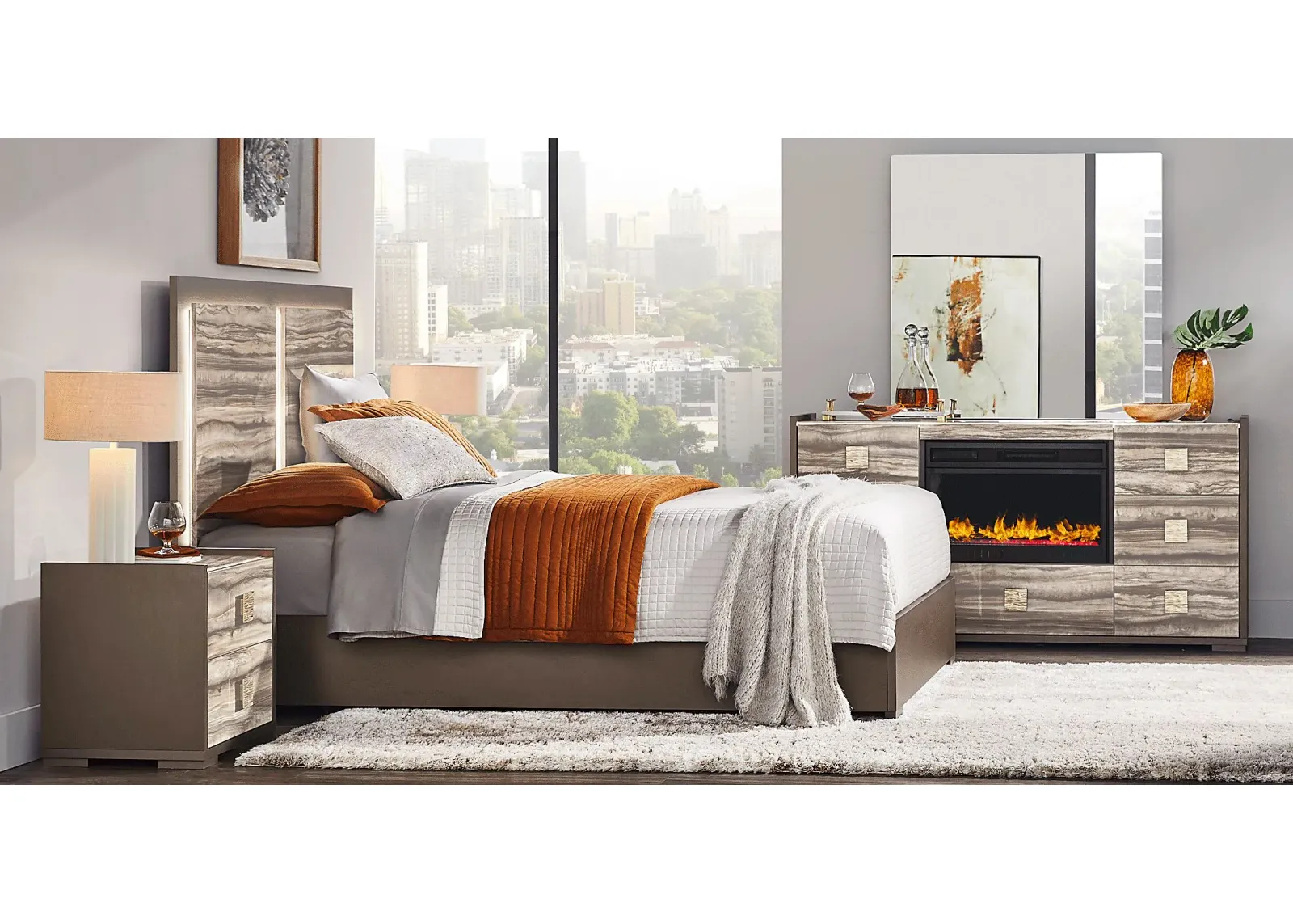 Monterosso Tan 8 Pc King Panel Bedroom with Electric Fireplace