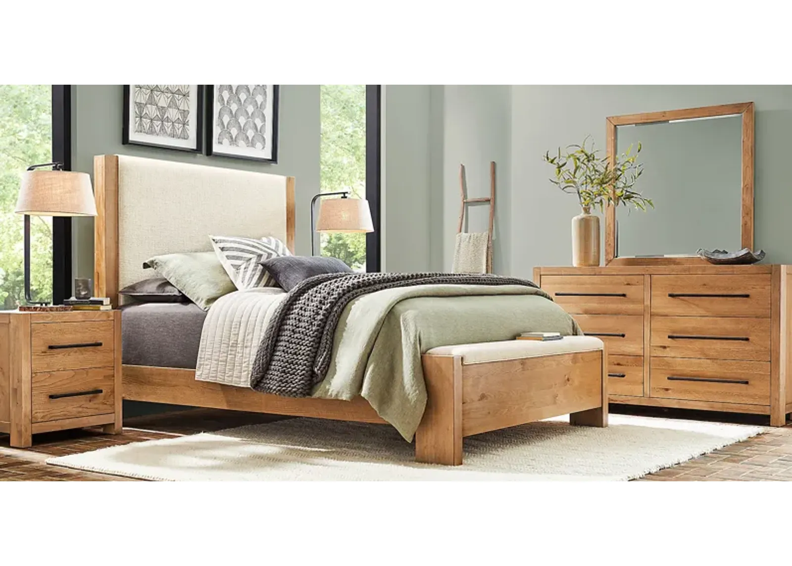 Ithaca Natural 5 Pc Queen Upholstered Bedroom with Bench