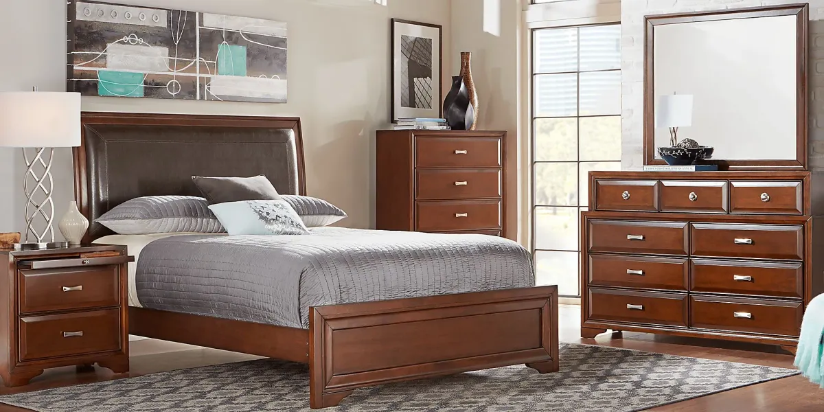 Belcourt Brown Cherry 3 Pc King Upholstered Sleigh Bed
