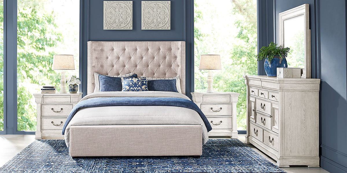 Landon Creek White 5 Pc Bedroom with Harlow Hill Taupe King Upholstered Bed