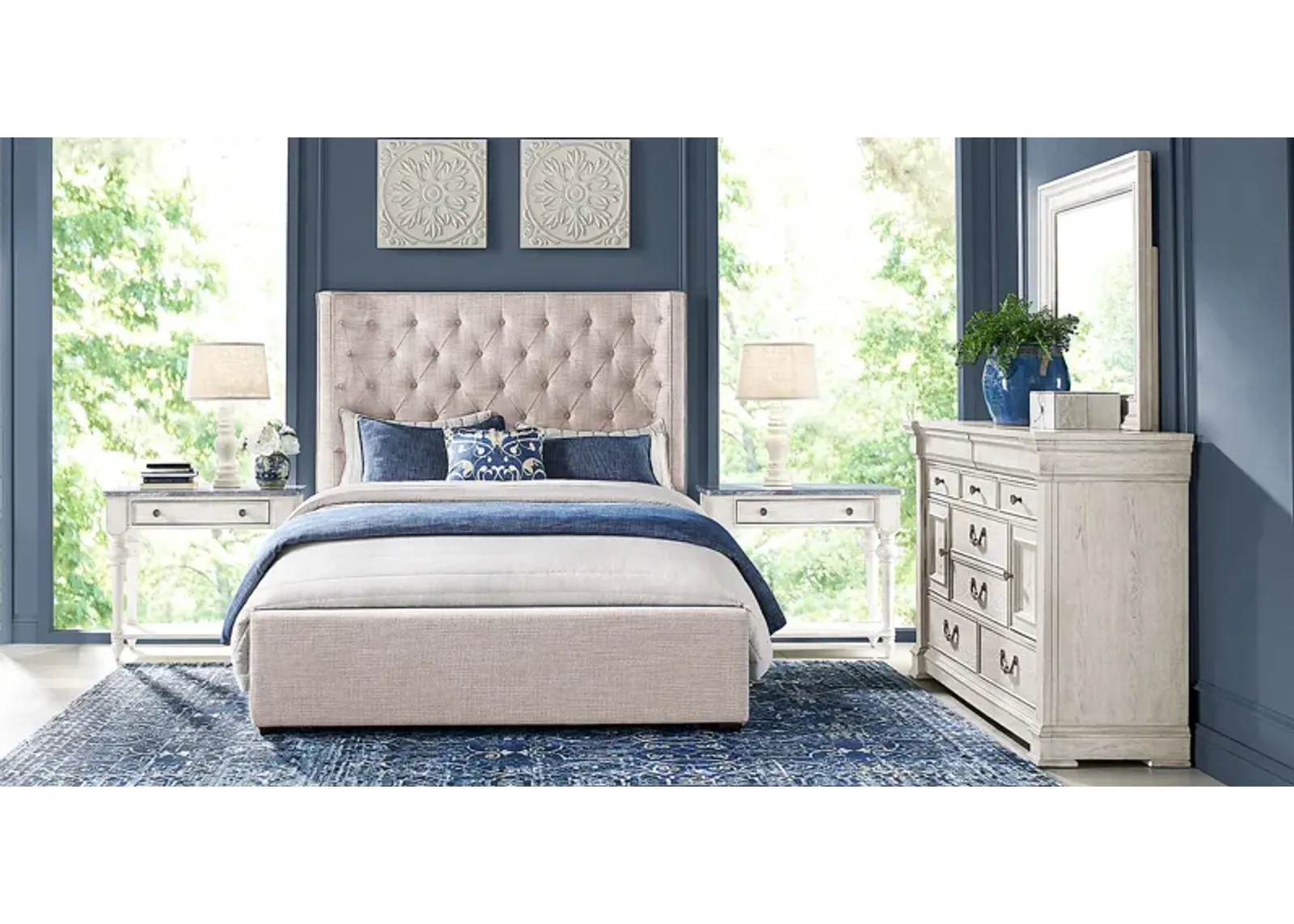 Landon Creek White 7 Pc Bedroom with Harlow Hill Taupe Queen Upholstered Bed