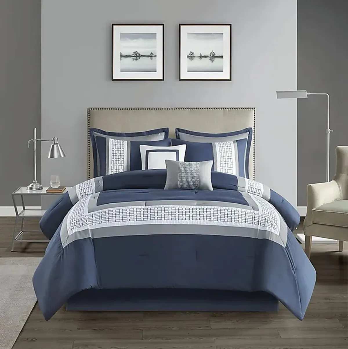 Marwin Blue 8pc Queen Comforter Set