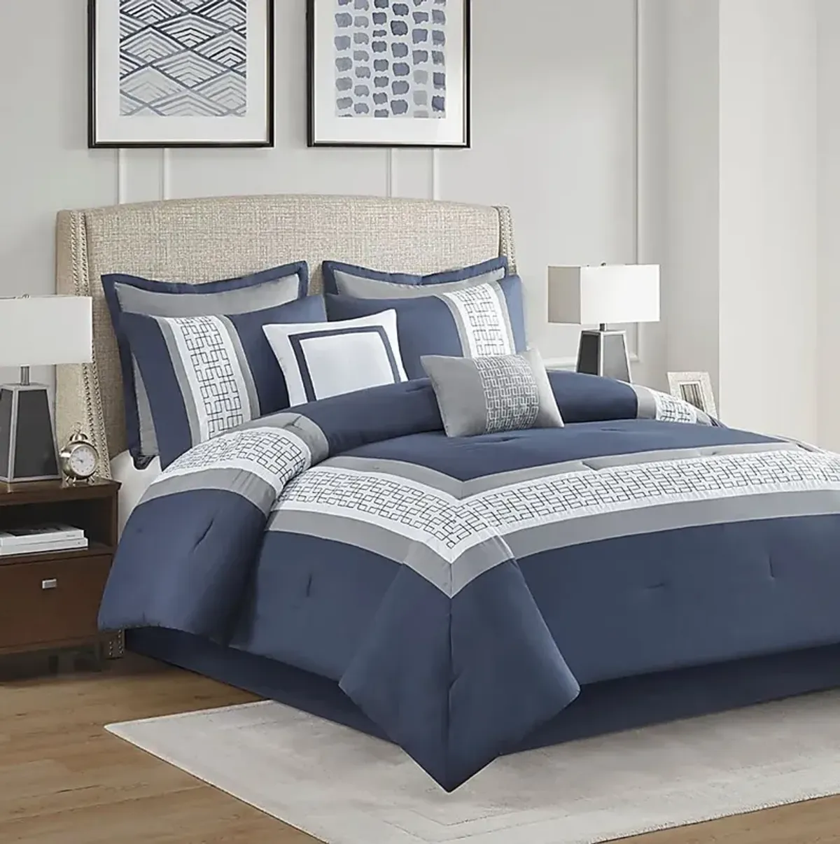 Marwin Blue 8pc Queen Comforter Set