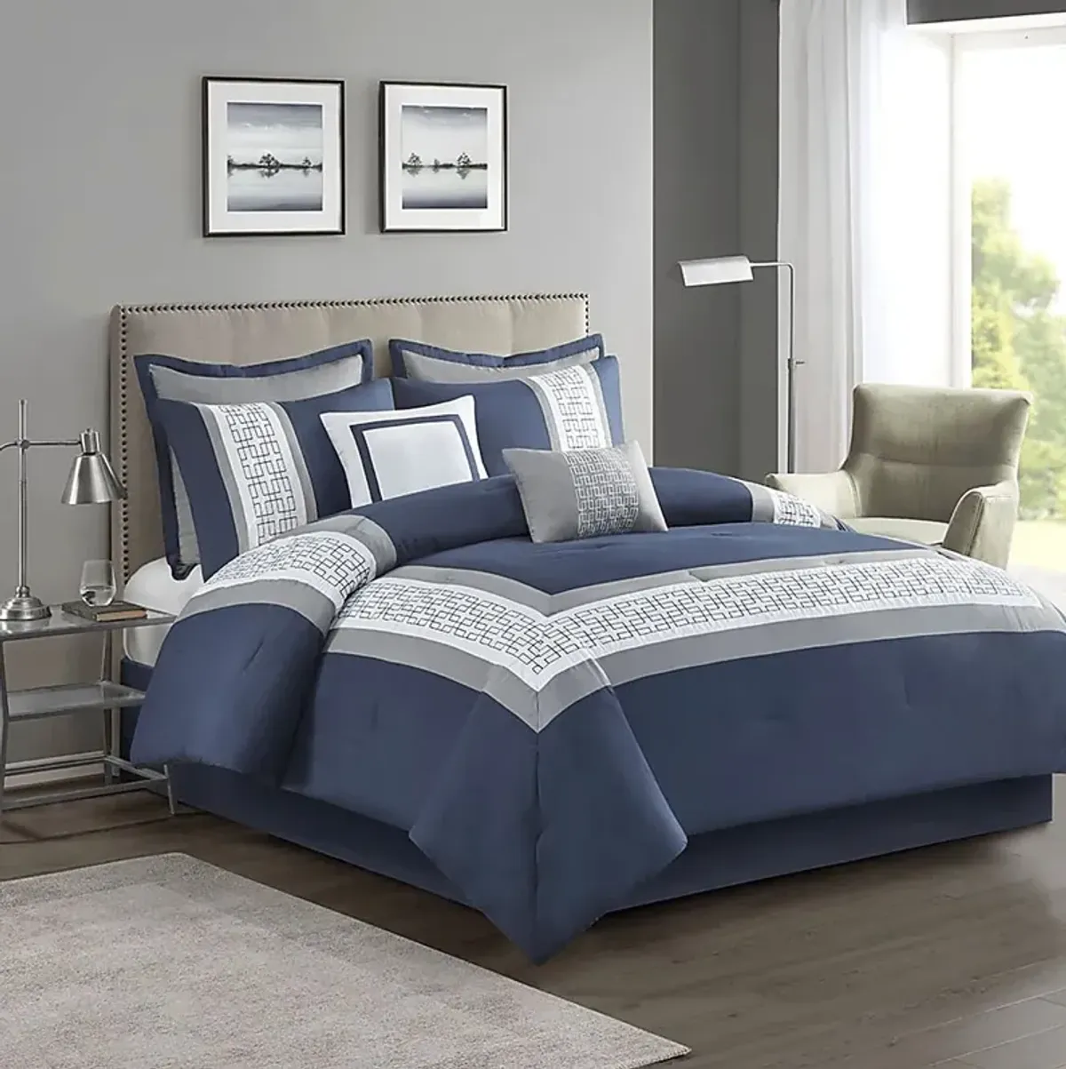 Marwin Blue 8pc Queen Comforter Set