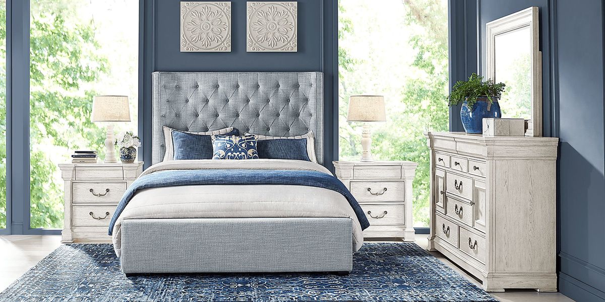 Landon Creek White 5 Pc Bedroom with Harlow Hill Blue Gray Queen Upholstered Bed