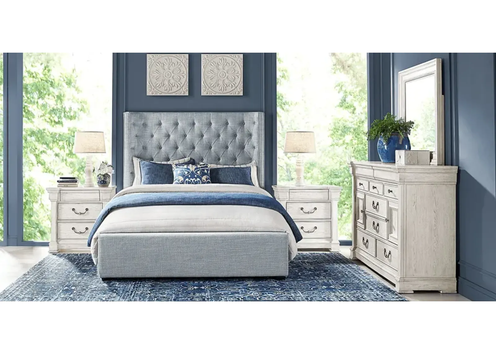 Landon Creek White 5 Pc Bedroom with Harlow Hill Blue Gray Queen Upholstered Bed