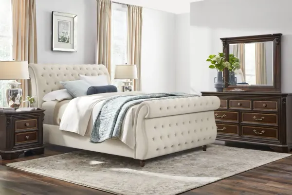 Fuller Brown Cherry Finish 5 Pc Bedroom with Ivy White Upholstered Queen Sleigh Bed