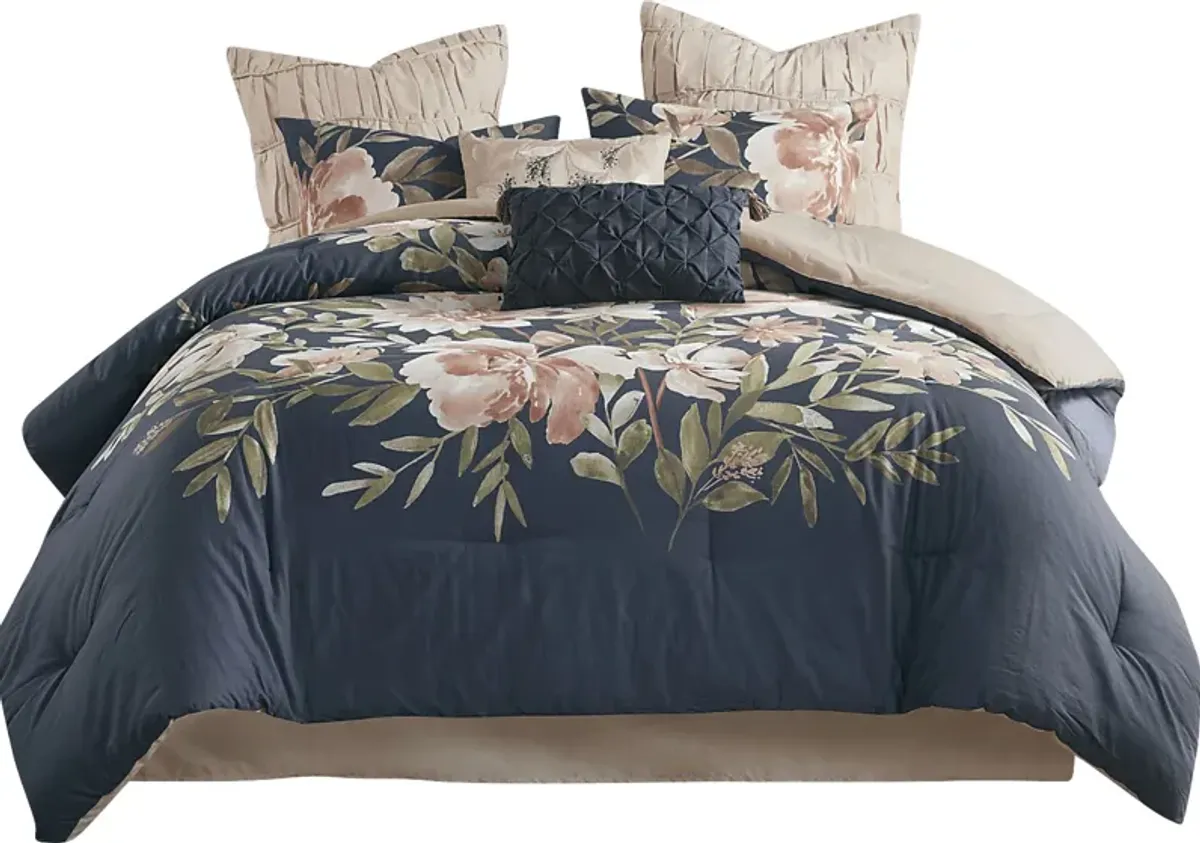 Bottlebrush Navy 8 Pc Queen Comforter Set