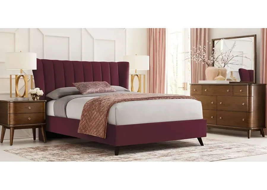 Devon Loft Walnut 5 Pc Bedroom with Nanton Park Red Queen Upholstered Bed