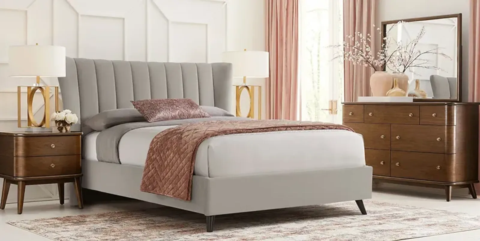 Devon Loft Walnut 5 Pc Bedroom with Nanton Park Gray Queen Upholstered Bed