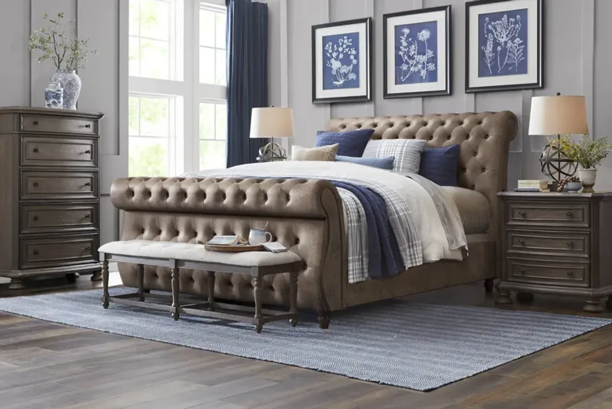 Armitage Dark Brown 5 Pc Bedroom with Ivy Brown Queen Upholstered Bed