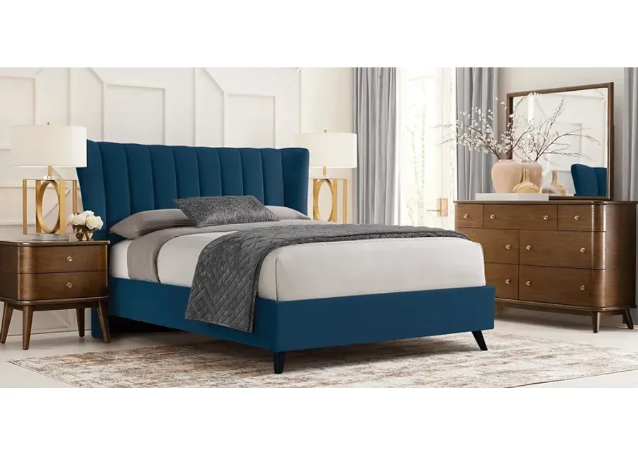 Devon Loft Walnut 5 Pc Bedroom with Nanton Park Blue Queen Upholstered Bed