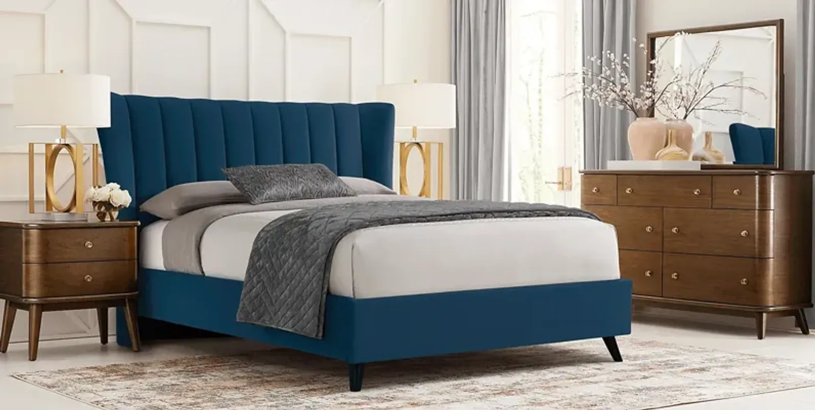 Devon Loft Walnut 5 Pc Bedroom with Nanton Park Blue Queen Upholstered Bed