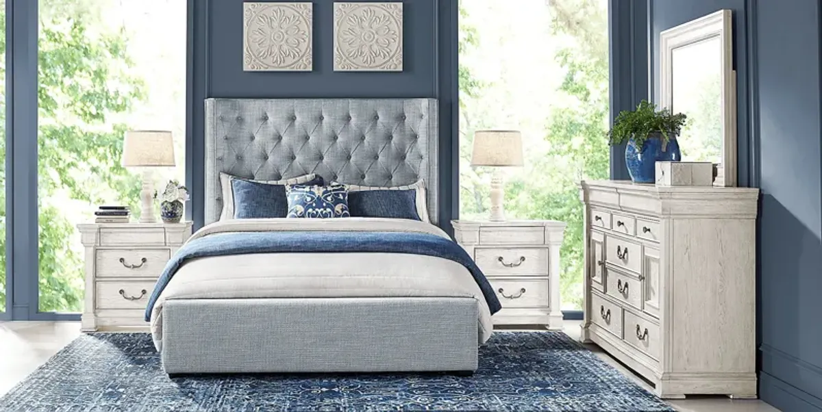 Landon Creek White 7 Pc Bedroom with Harlow Hill Blue Gray Queen Upholstered Bed