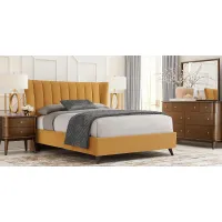 Devon Loft Walnut 5 Pc Bedroom with Nanton Park Yellow Queen Upholstered Bed