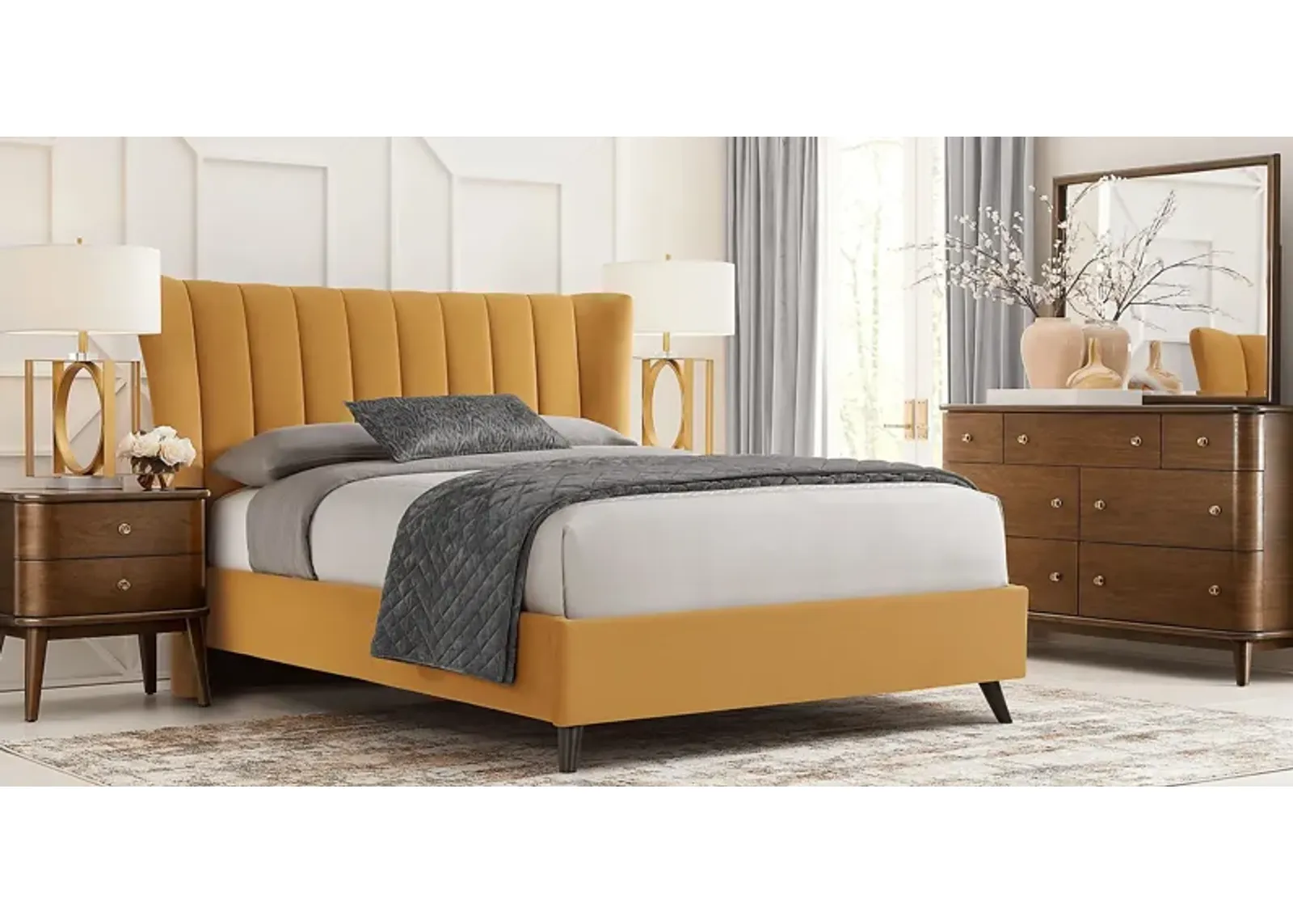 Devon Loft Walnut 5 Pc Bedroom with Nanton Park Yellow Queen Upholstered Bed