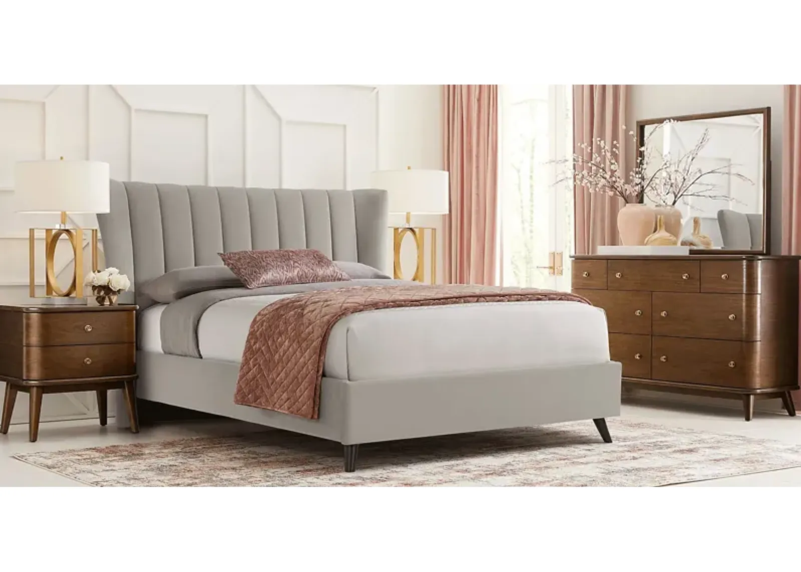 Devon Loft Walnut 5 Pc Bedroom with Nanton Park Gray King Upholstered Bed