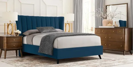 Devon Loft Walnut 5 Pc Bedroom with Nanton Park Blue King Upholstered Bed