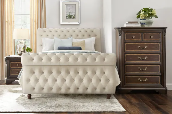 Fuller Brown Cherry Finish 5 Pc Bedroom with Ivy White Upholstered Queen Sleigh Bed