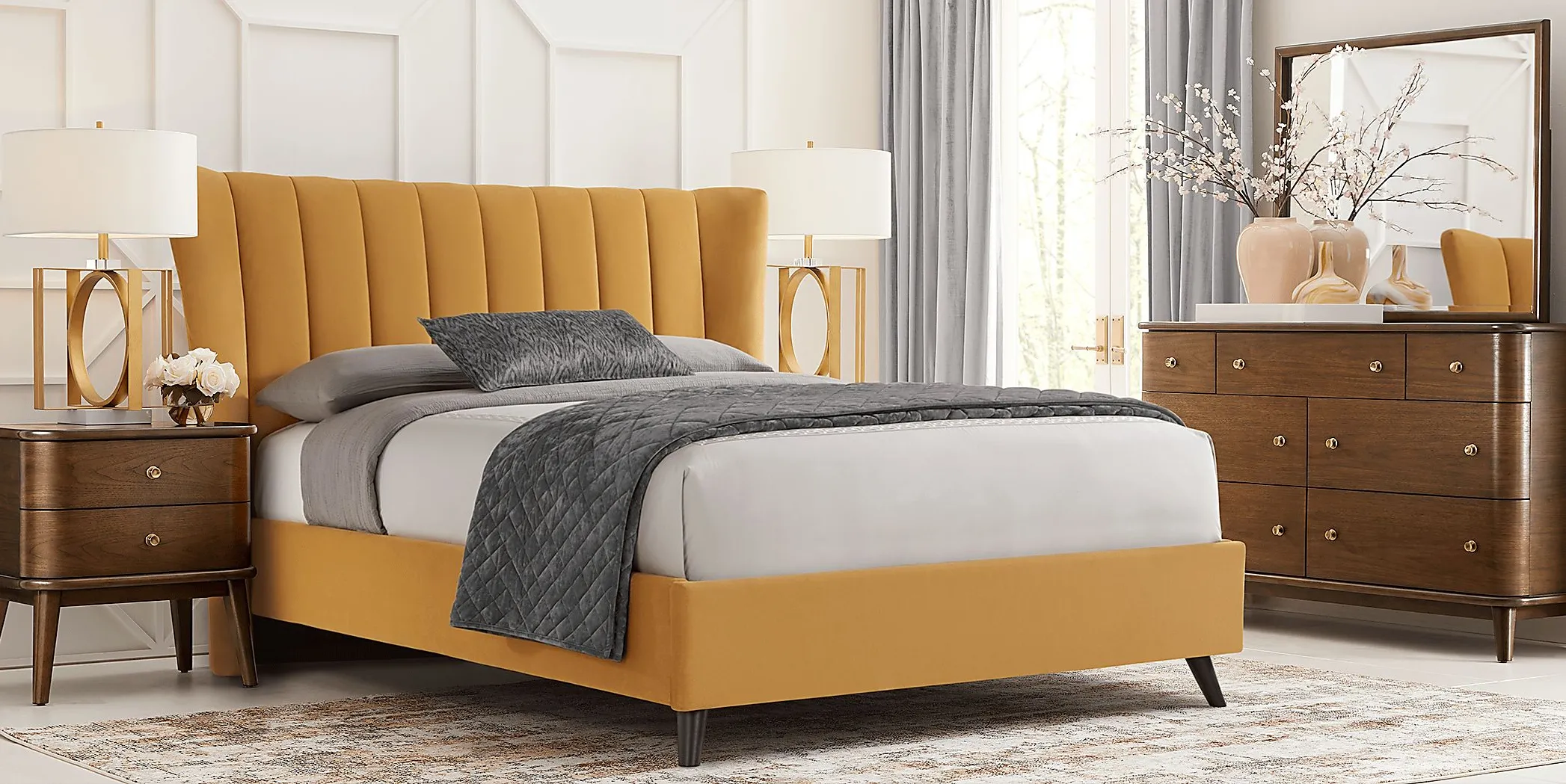 Devon Loft Walnut 5 Pc Bedroom with Nanton Park Yellow King Upholstered Bed