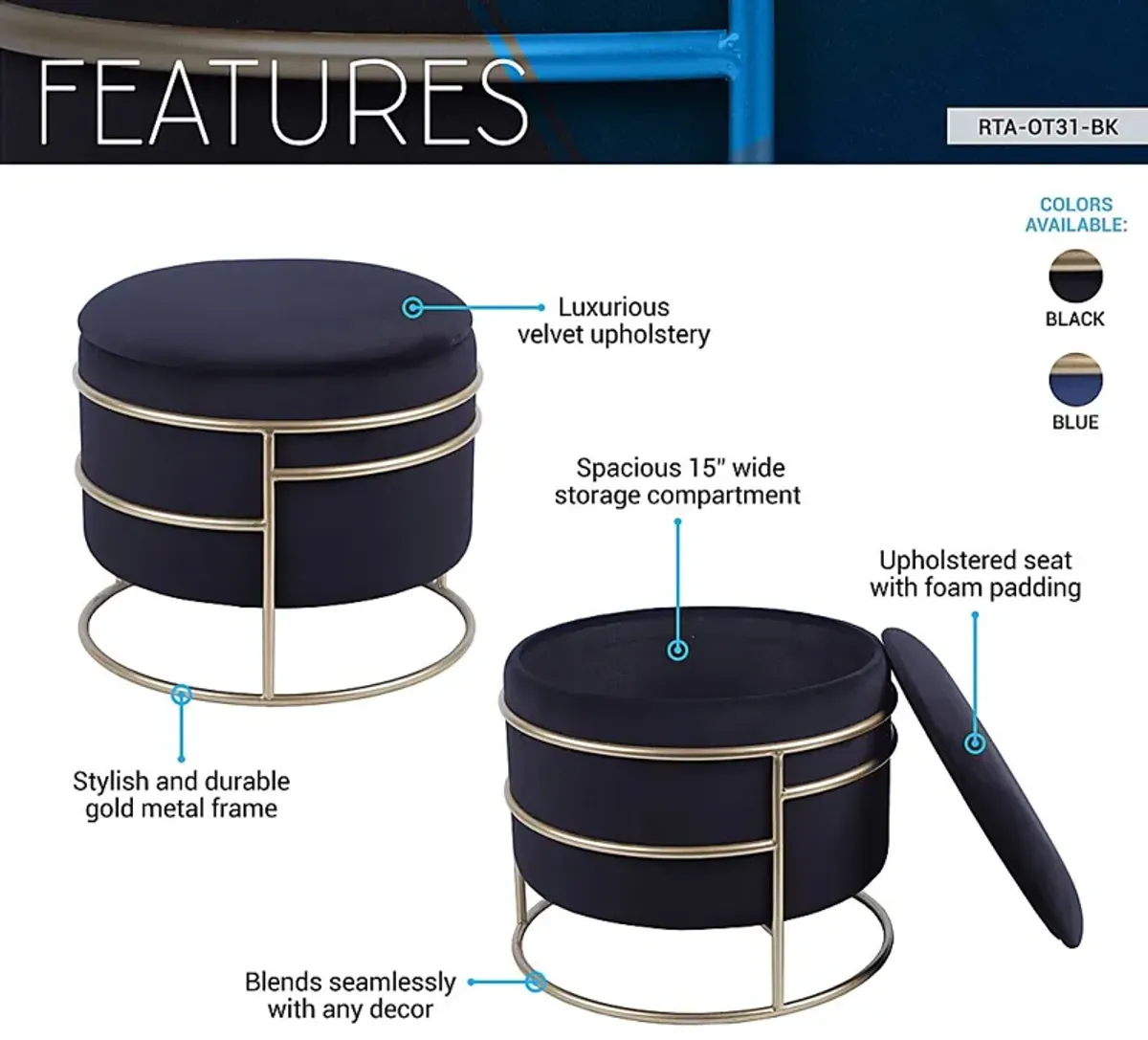 Niora Black Storage Ottoman