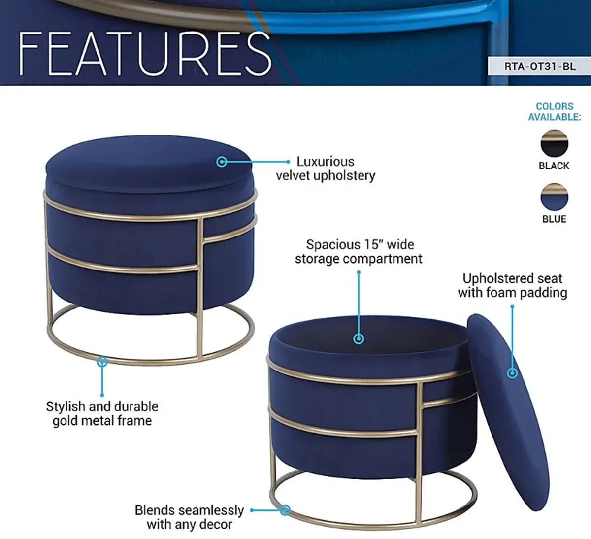 Niora Navy Storage Ottoman