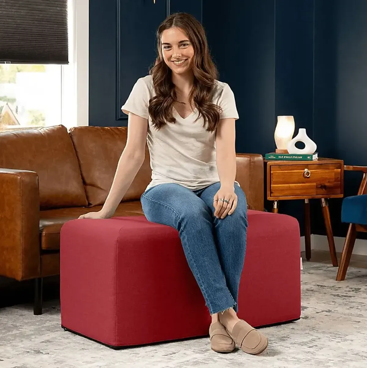 Edunci Red Large Rectangular Ottoman
