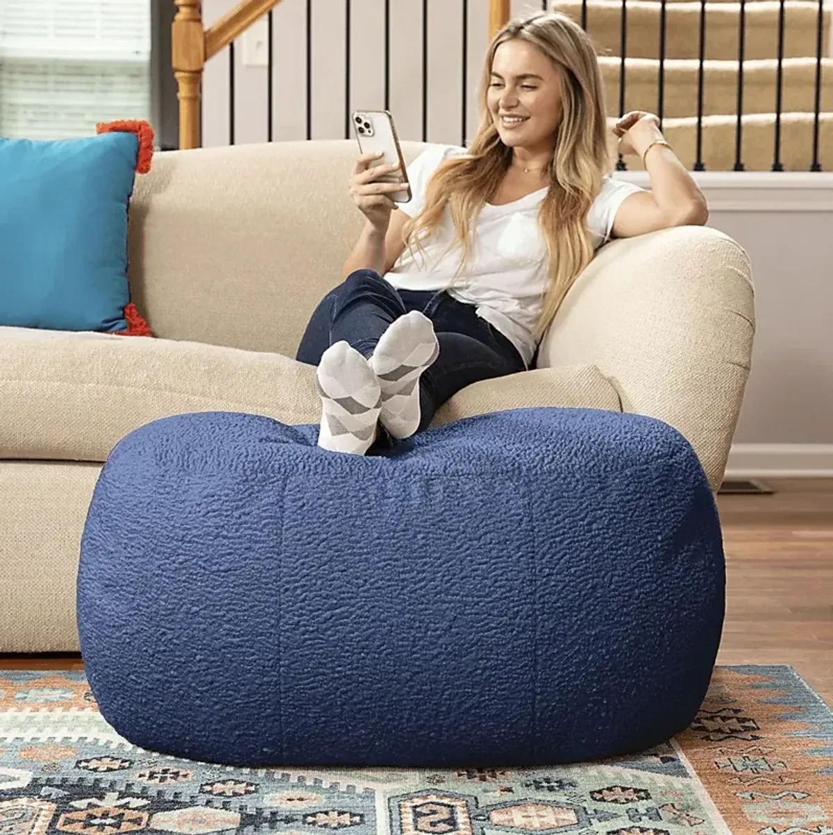 Bansqa II Indigo Oval Shearling Pouf