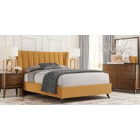 Devon Loft Walnut 7 Pc Bedroom with Nanton Park Yellow Queen Upholstered Bed