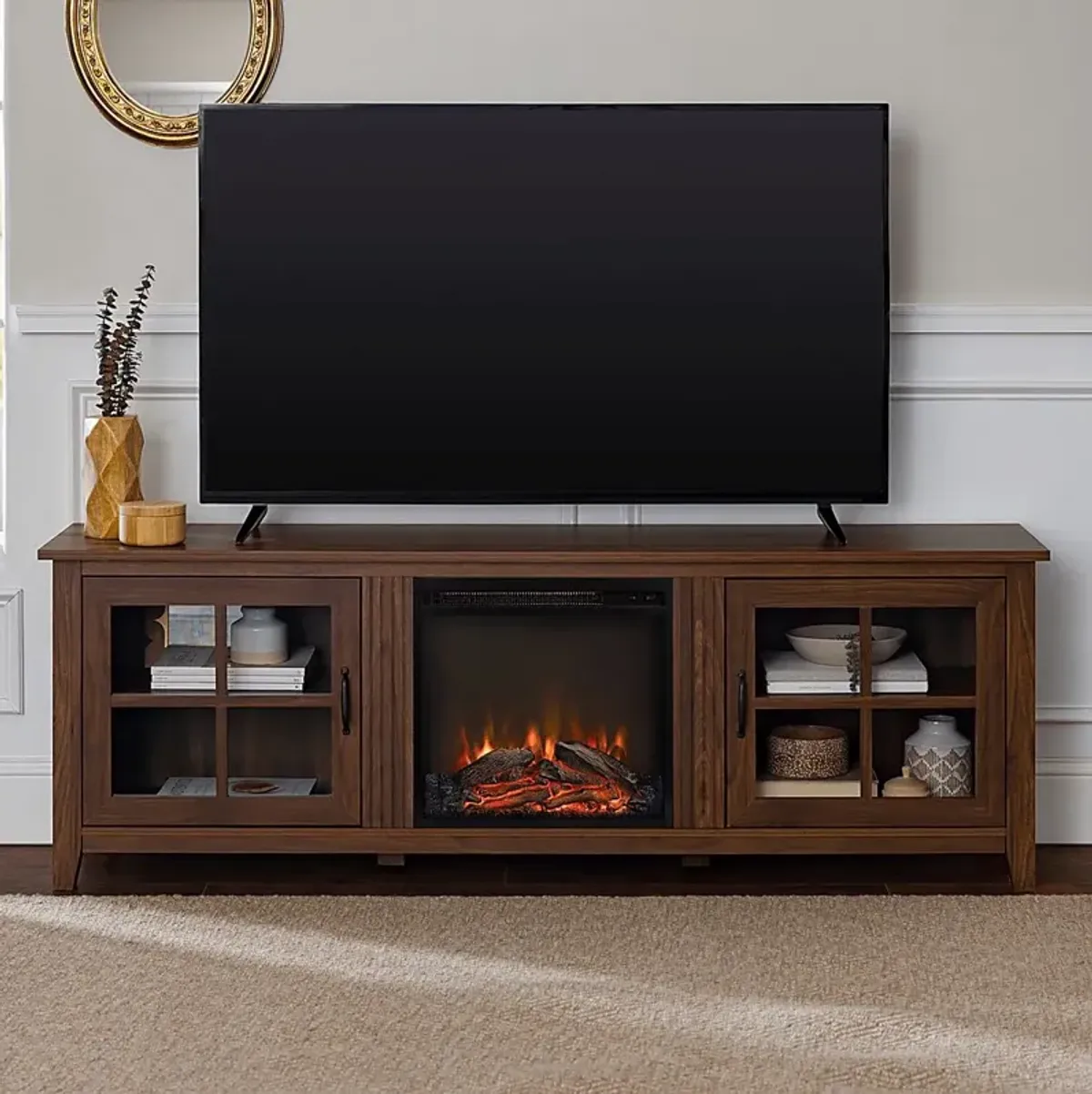 Lambdin Walnut 70 in. Console, With Electric Fireplace