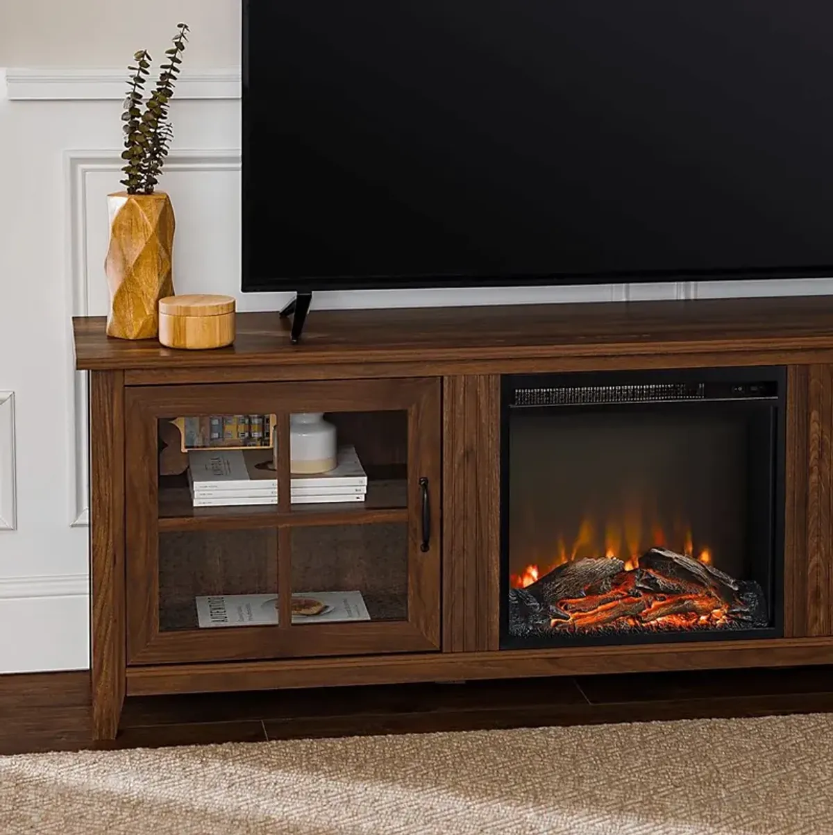 Lambdin Walnut 70 in. Console, With Electric Fireplace